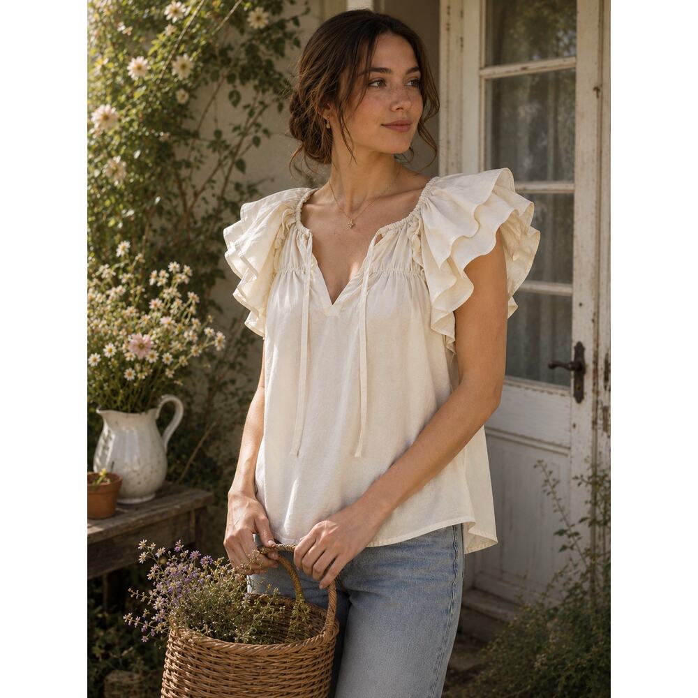 THML women’s romantic feminine cottage ruffled split-neck top in cream. Size XL